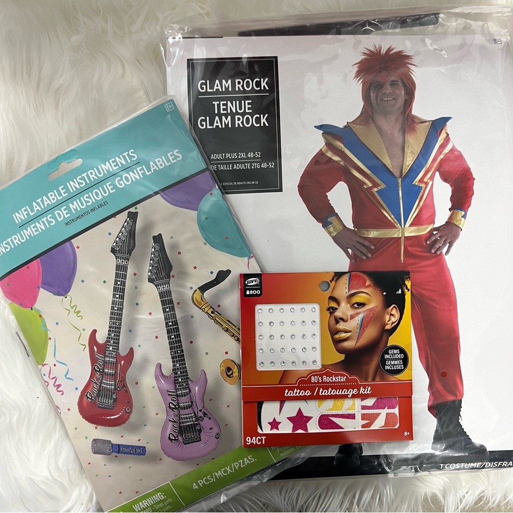 Glam Rock Star Costume with tattoos and blow up guitar 2X 58-52 80s